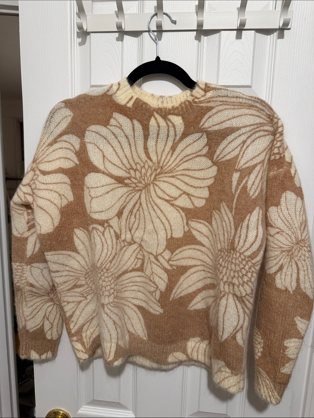 Sezane Cream Floral Knit Sweater in Tan and Cream